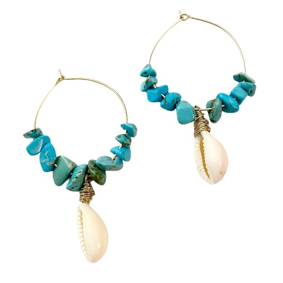 2/$35🖤 Anthro Blue Howlite Faux Turquoise Cowrie Shell Hoop Earrings - Picture 1 of 8